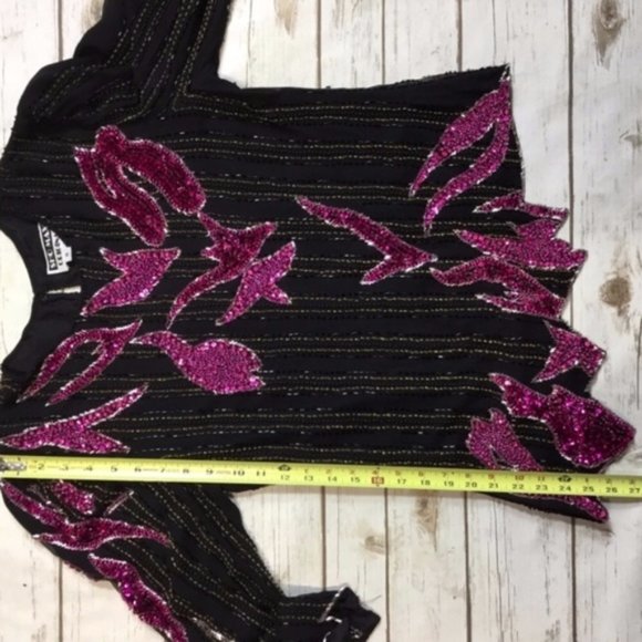 Vintage Art To Wear Sequin Beaded Black Pink Top - Picture 7 of 8